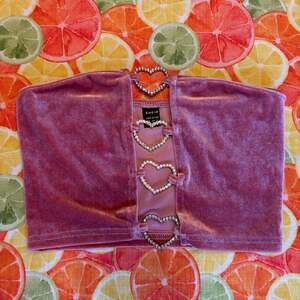 SHEIN Dusty Pink Velvet Rhinestone Heart Strapless Tube Crop Top Coquette XS